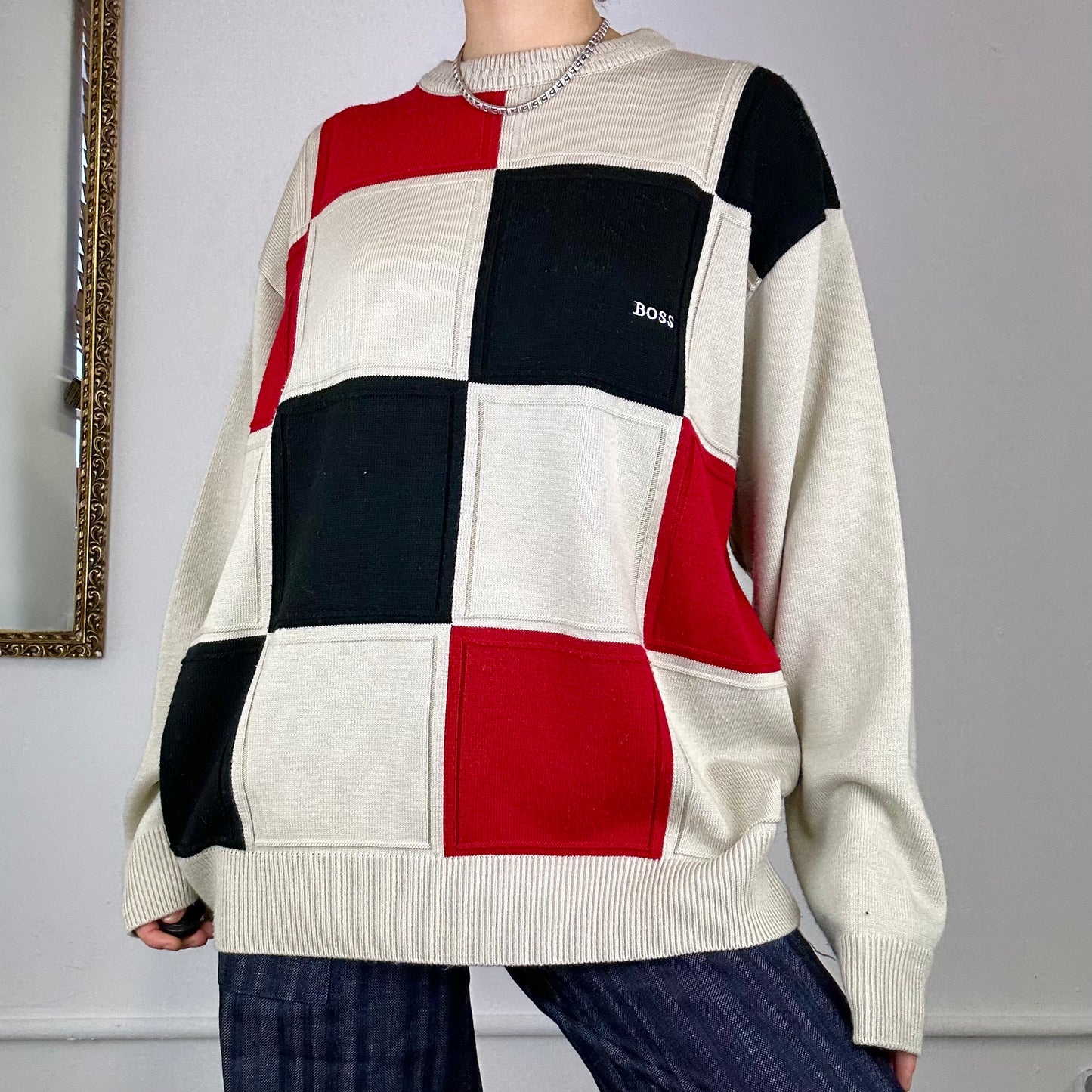 90's boss checkered knitted jumper