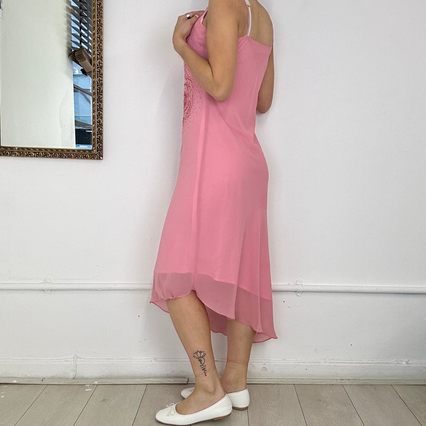 pink asymmetric mesh beaded midi dress