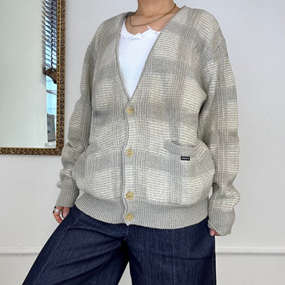 vintage 100% virgin wool grey checkered cardigan