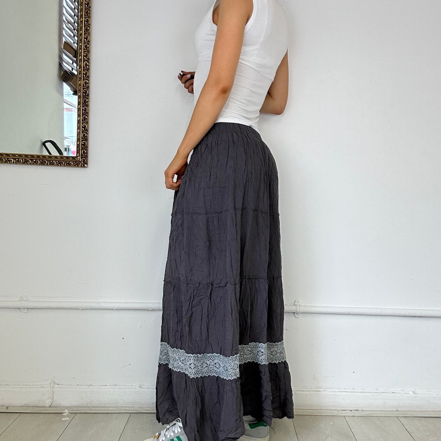 grey tiered flowy maxi skirt