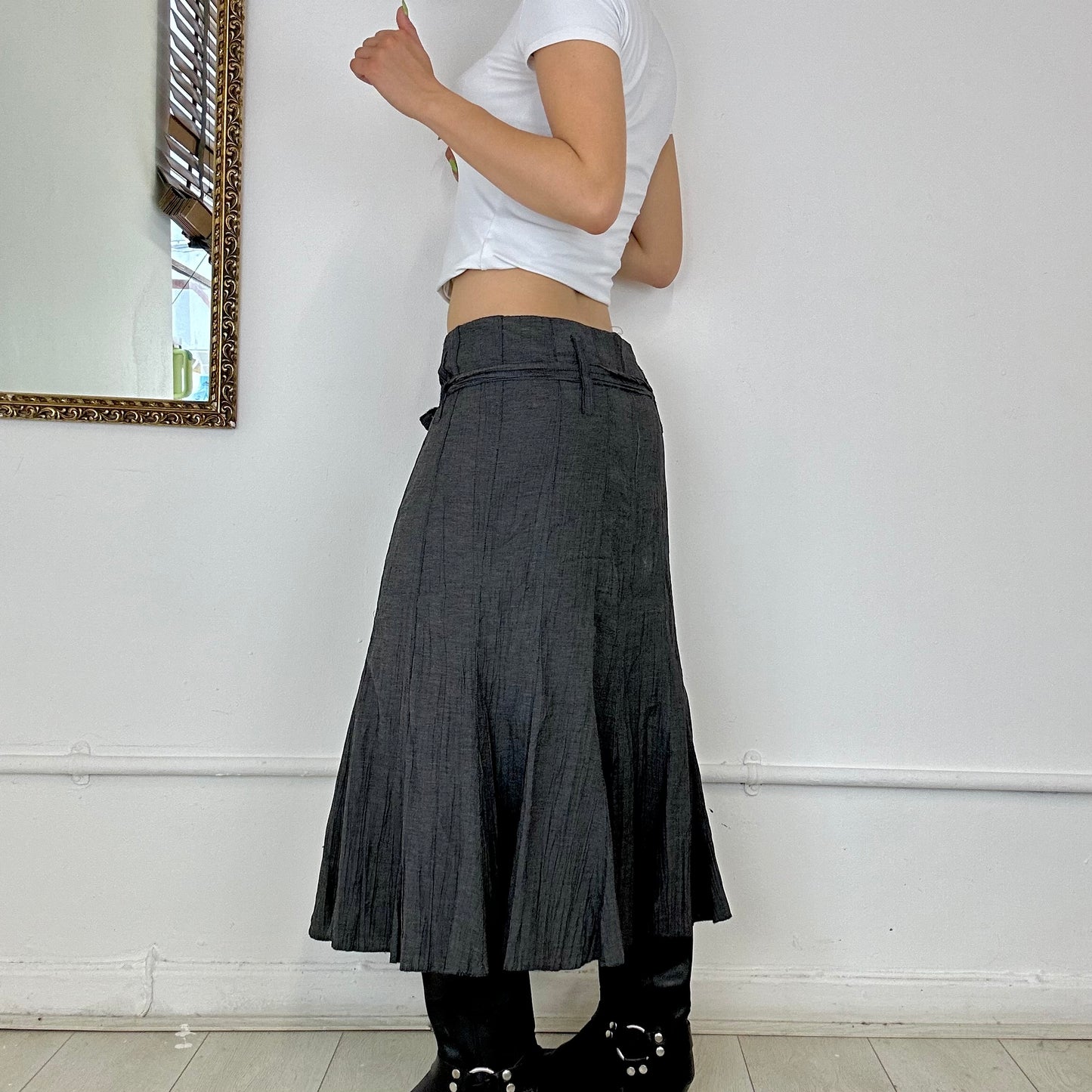 grey crinkle pleated maxi skirt