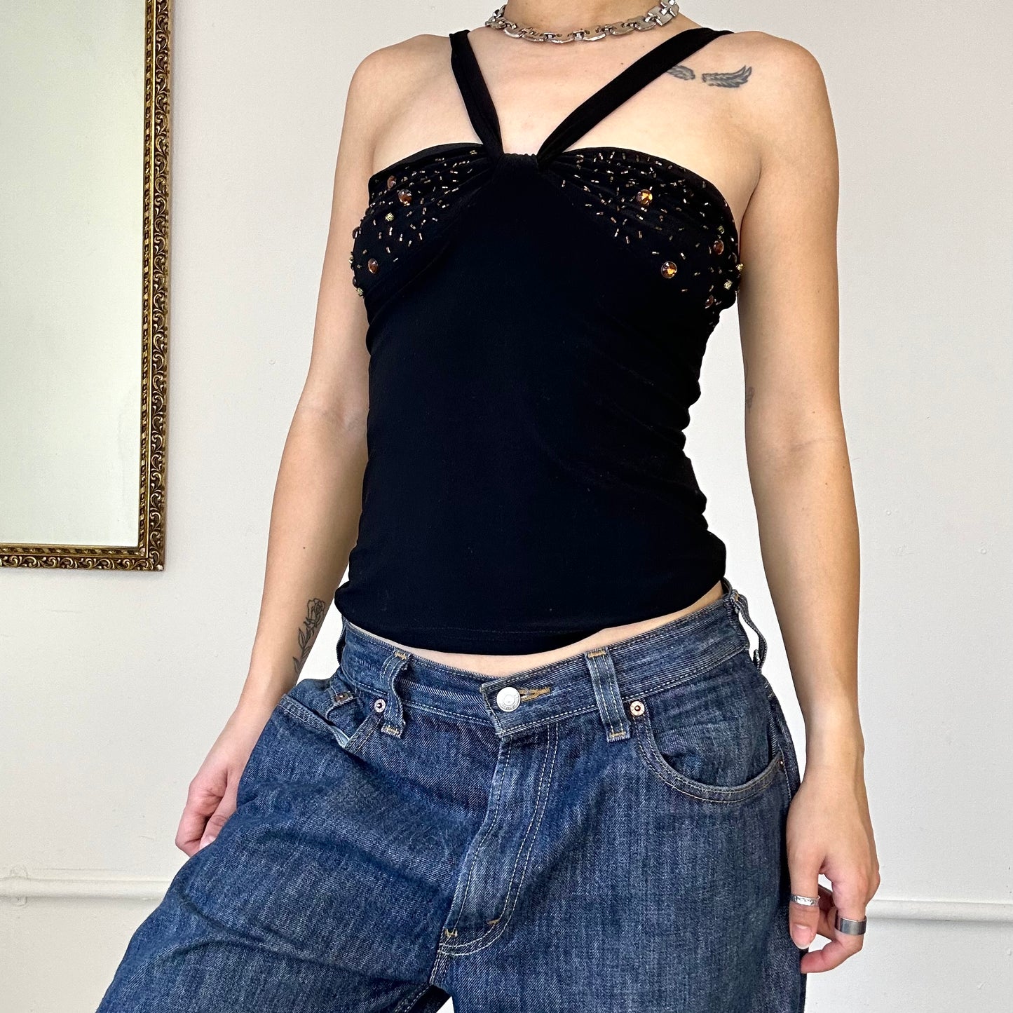 black sequinned strappy top