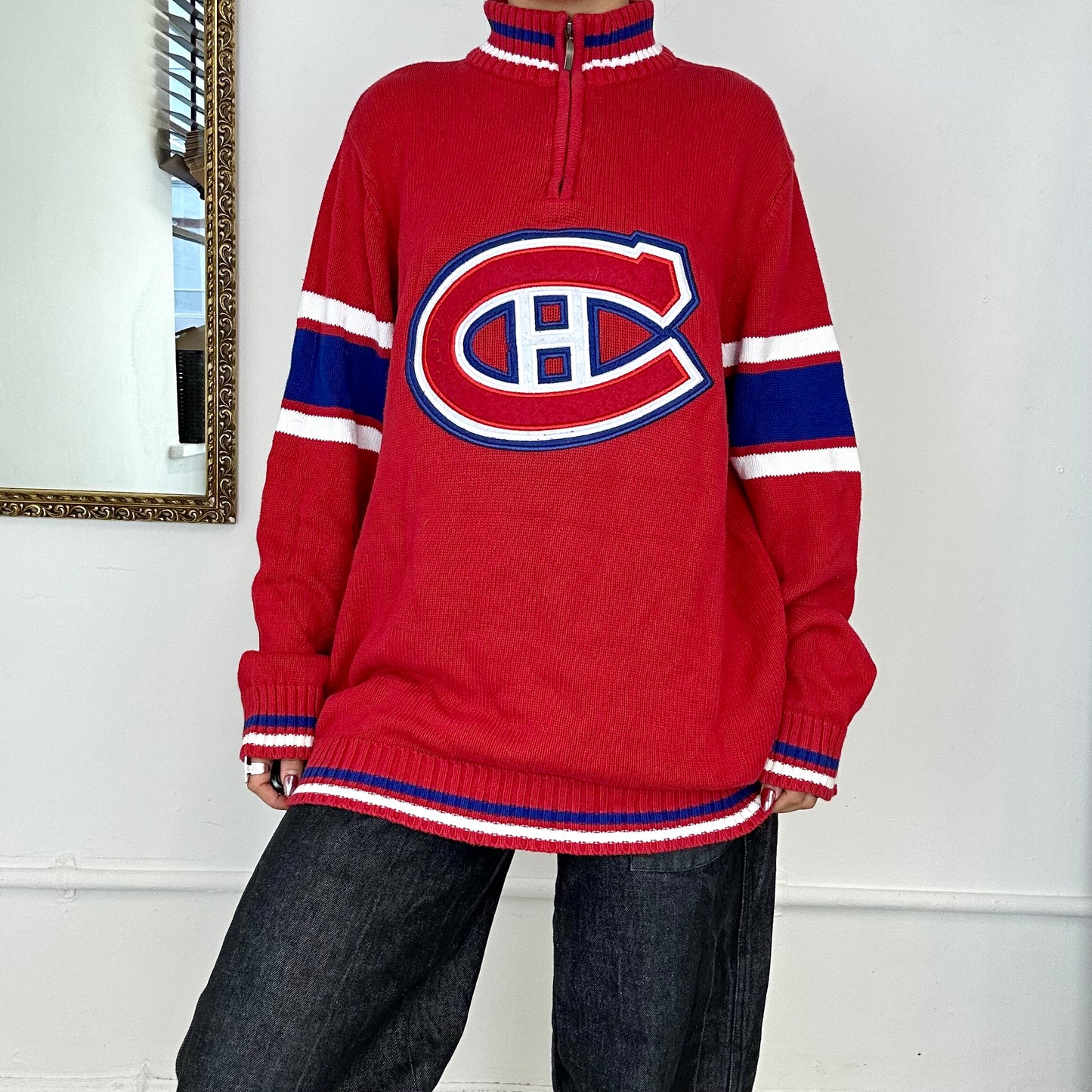 red hockey jersey quarter zip knitted jumper