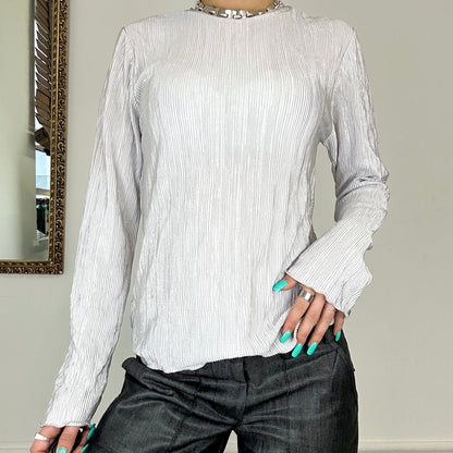 long sleeve silver crinkle top