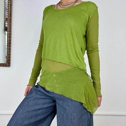 green long sleeve asymmetric mesh top