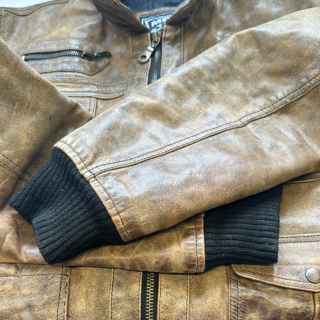 light brown leather bomber jacket