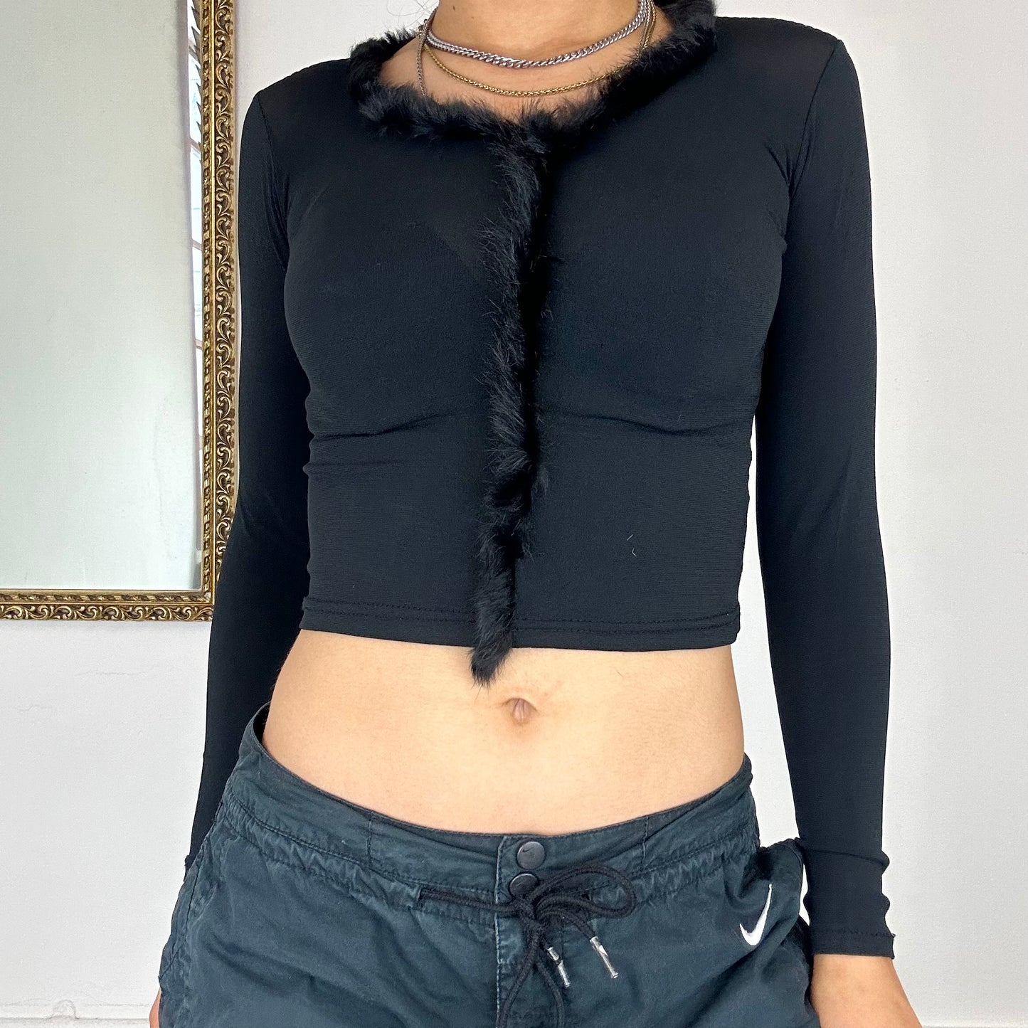 2000's mesh fur trim top