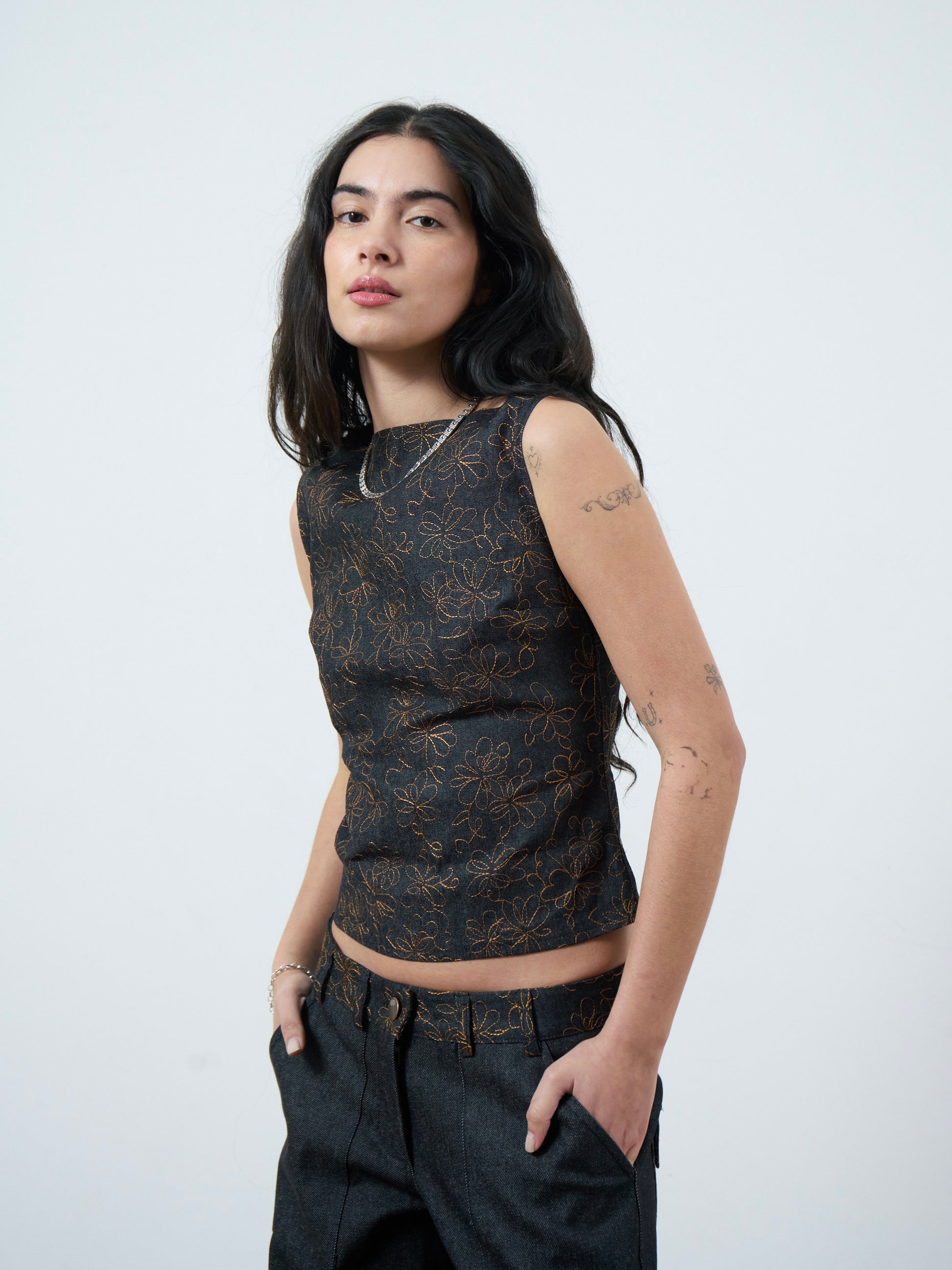 charlie top - embroidered charcoal denim