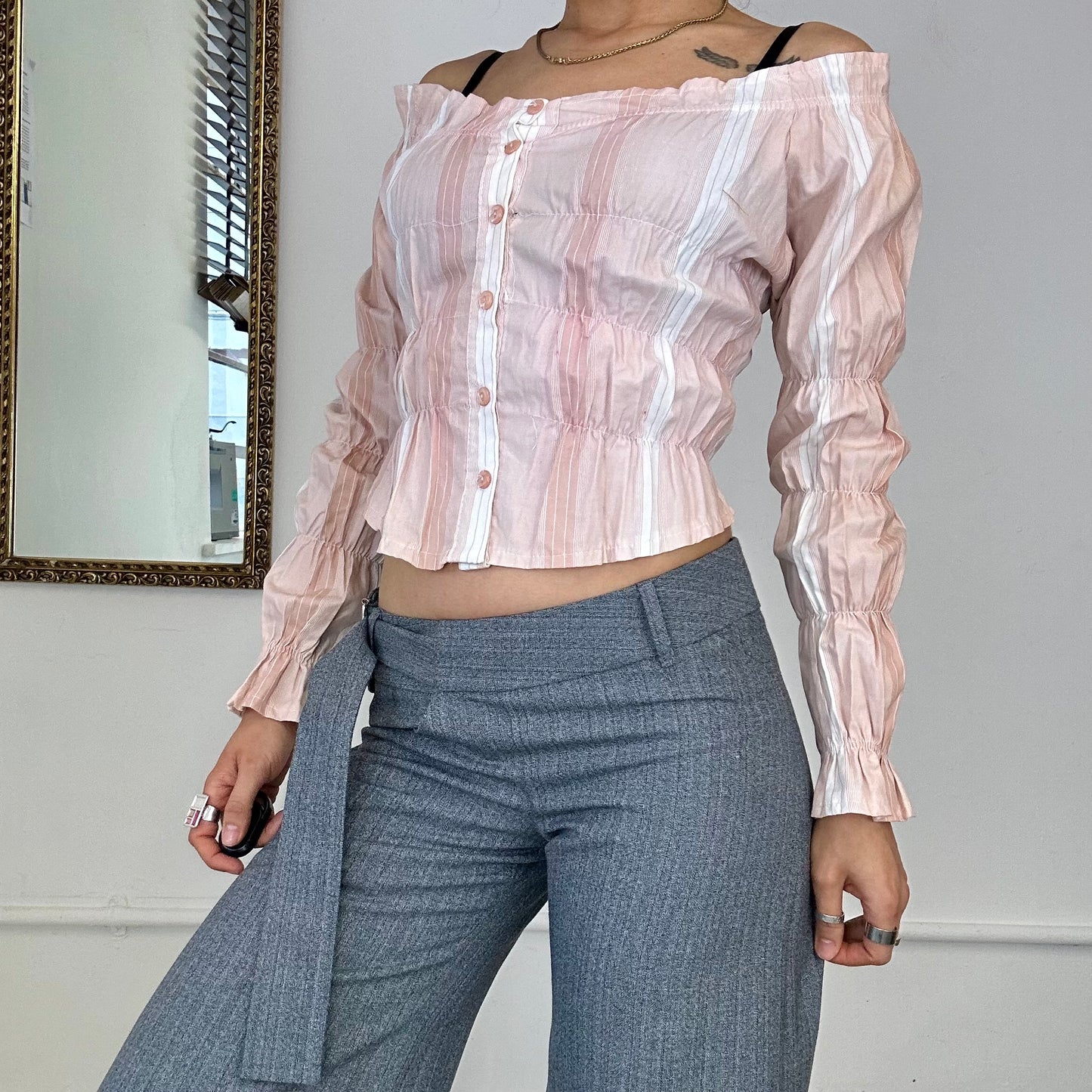 pink striped ruched off shoulder blouse