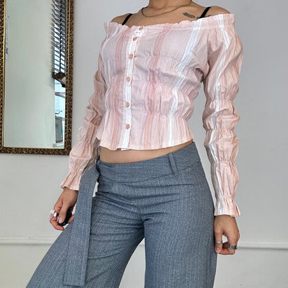 pink striped ruched off shoulder blouse