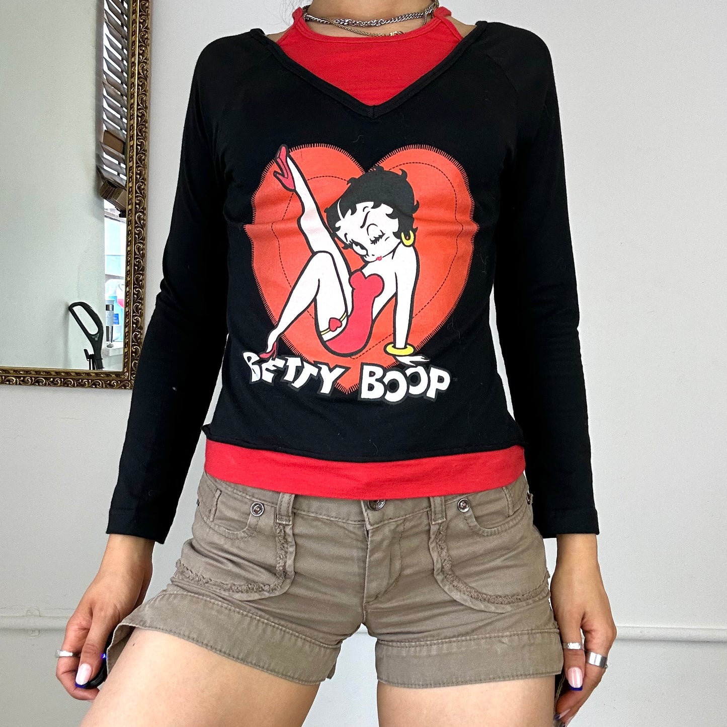 red betty boop long sleeve layered  top