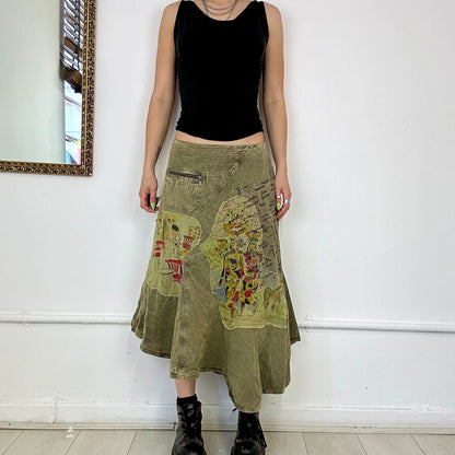 khaki asymmetric midi skirt