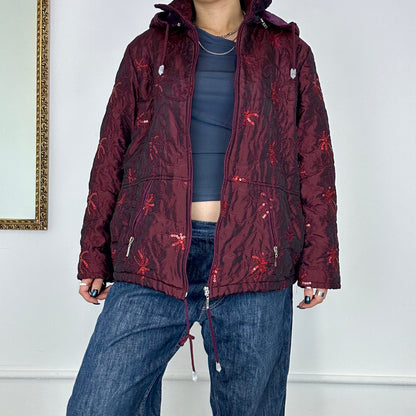 red sequined zip up puffer jacket