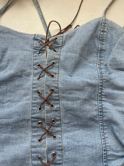 2000's lace up denim corset top