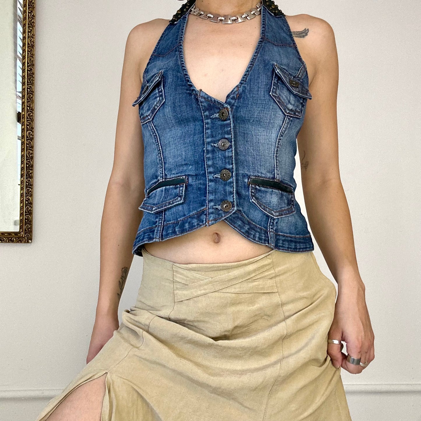 2000's guess denim halter neck waistcoat top