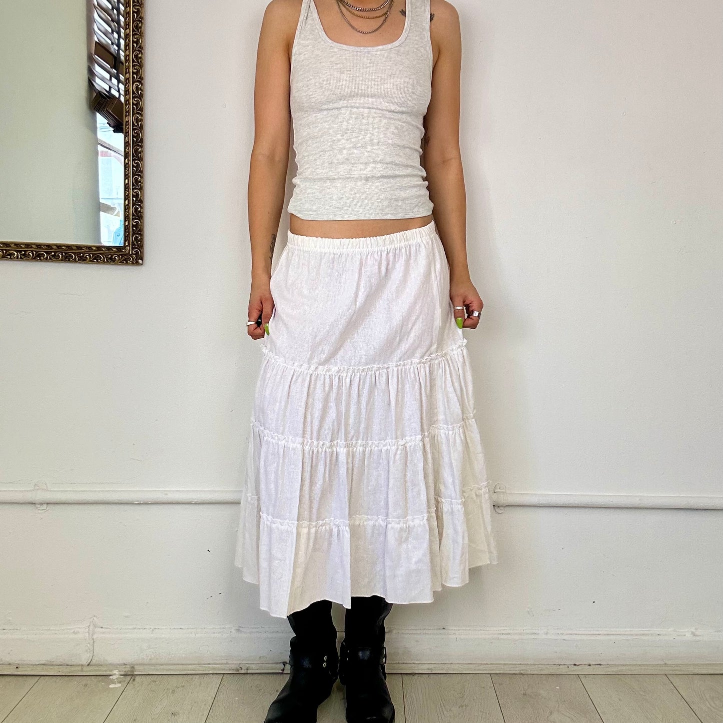 vintage white tiered midi linen skirt