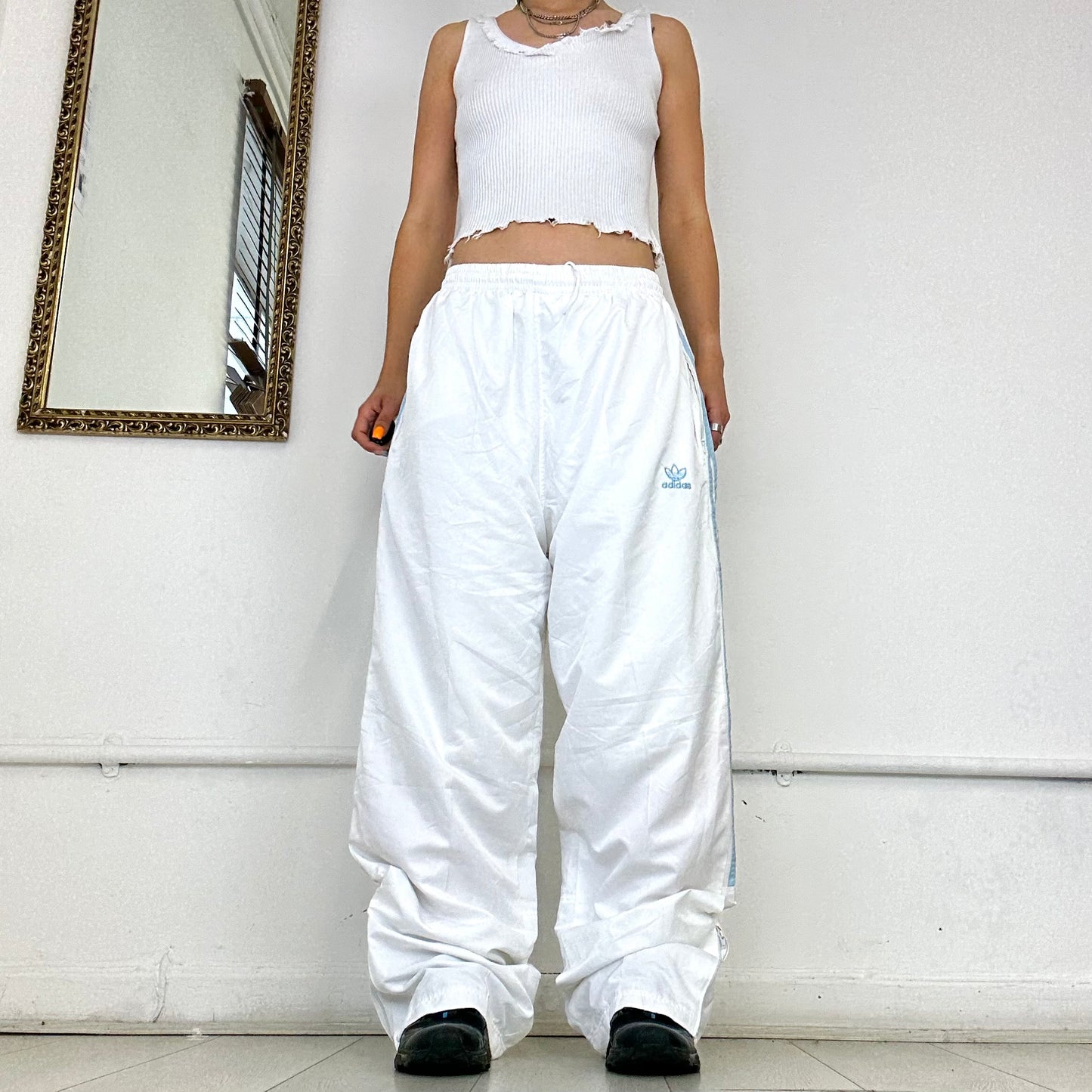 retro adidas white three stripe joggers