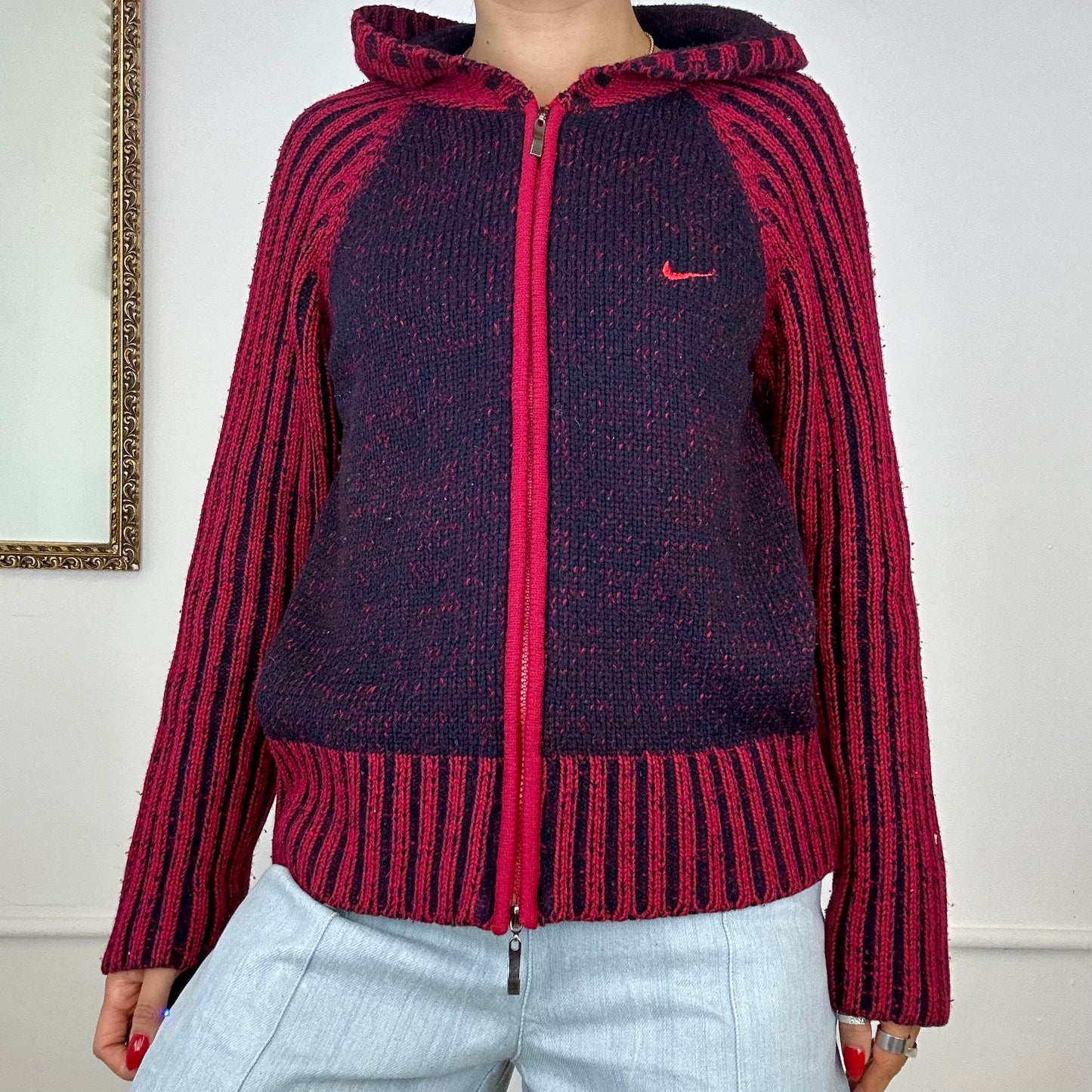 red vintage zip up nike knit jumper