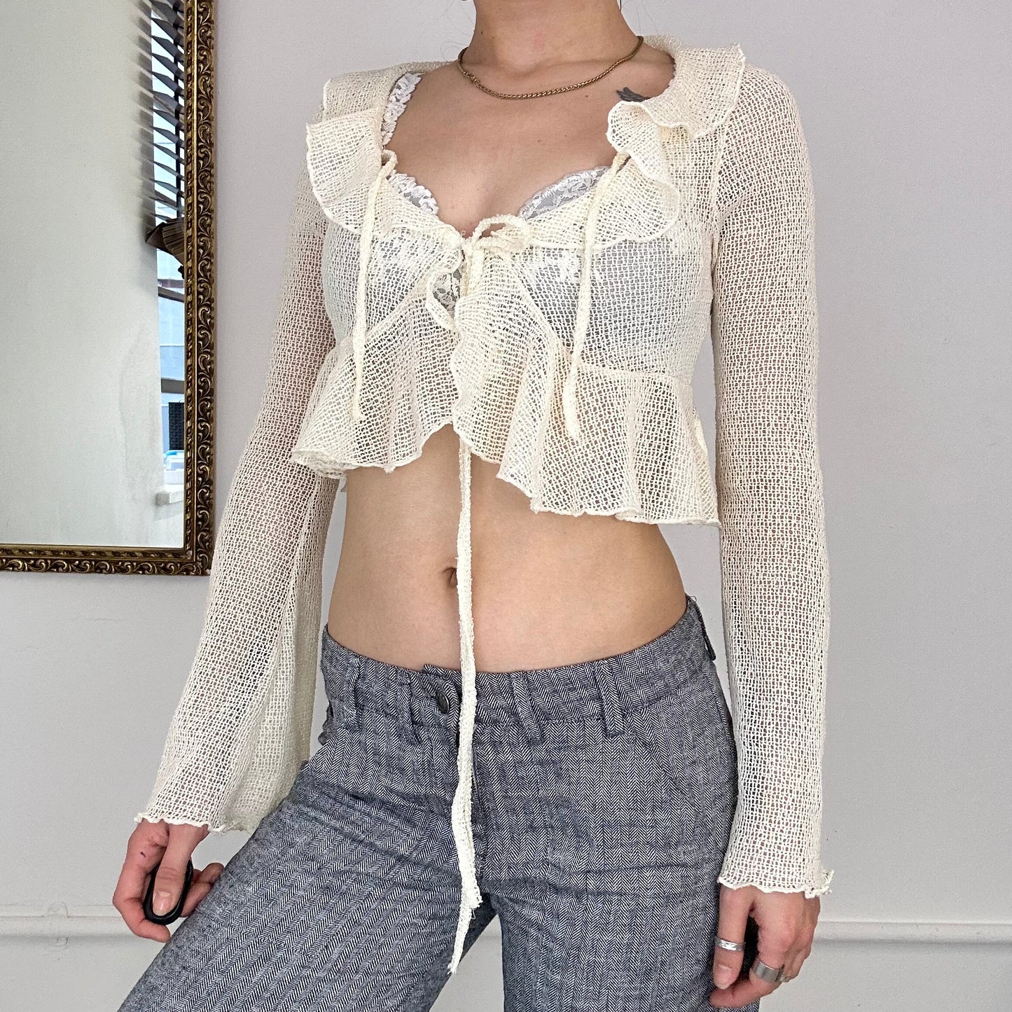 vintage loose knit cream tie up top