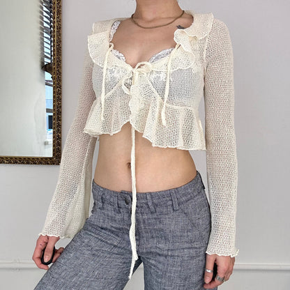 vintage loose knit cream tie up top