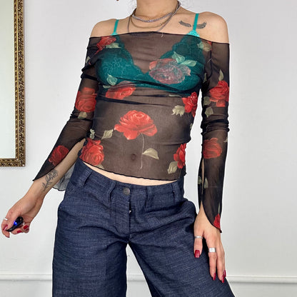 2000’s rose print mesh top