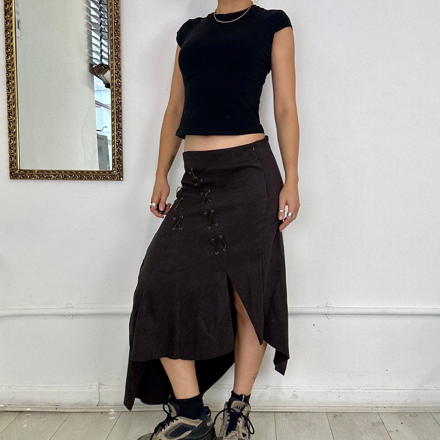 brown suede asymmetric midi skirt