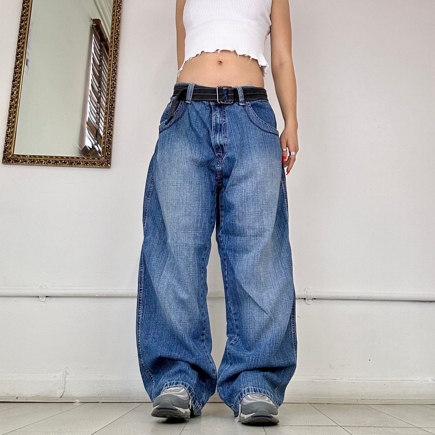 wide leg baggy embroidered jeans