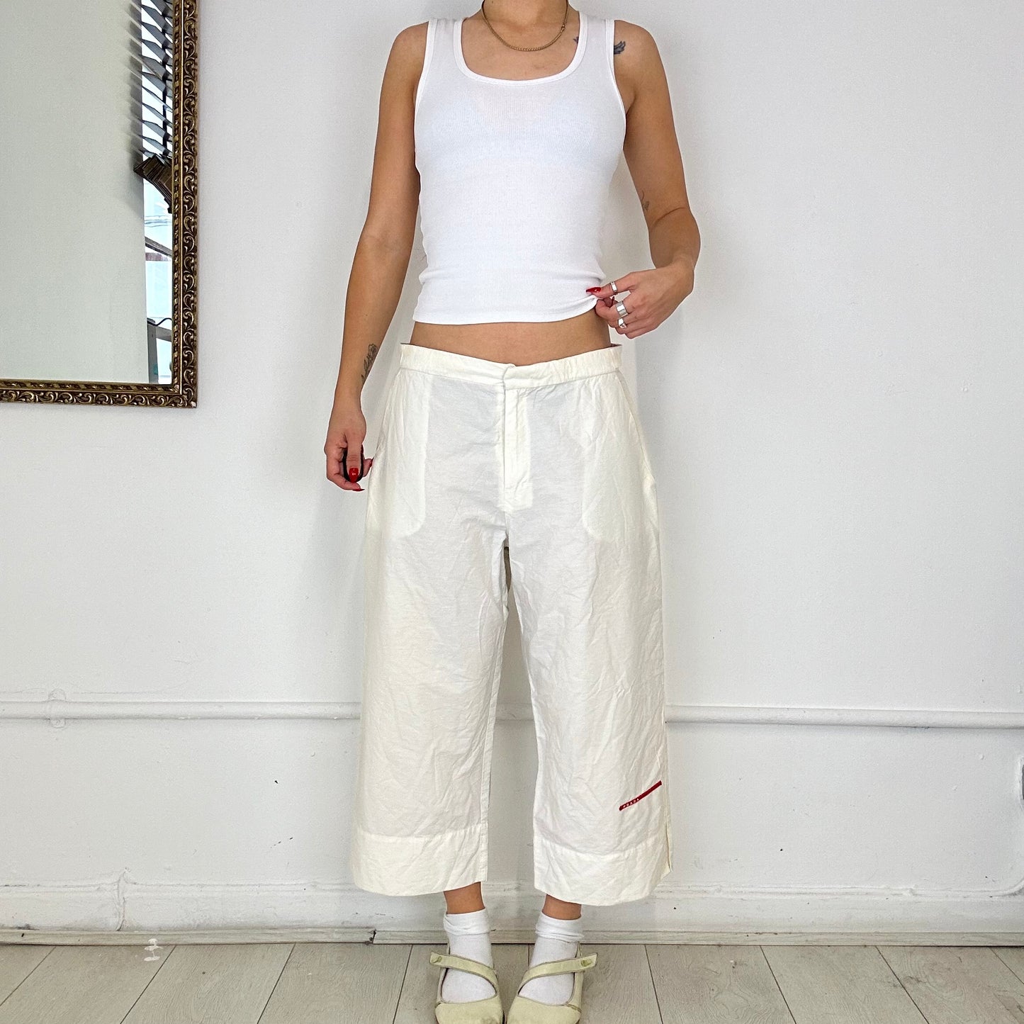 vintage prada capri white cargo trousers