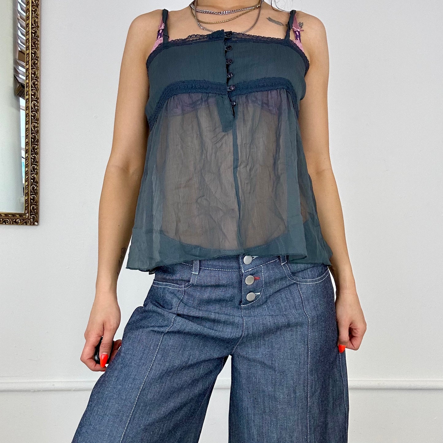 vintage sheer square neck grey cami