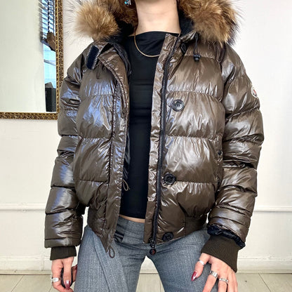 moncler brown hooded puffer coat