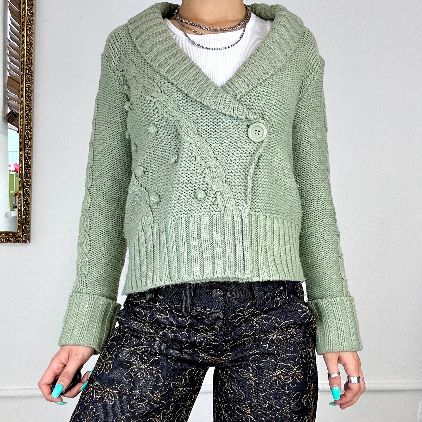 sage green asymmetric knitted cardigan