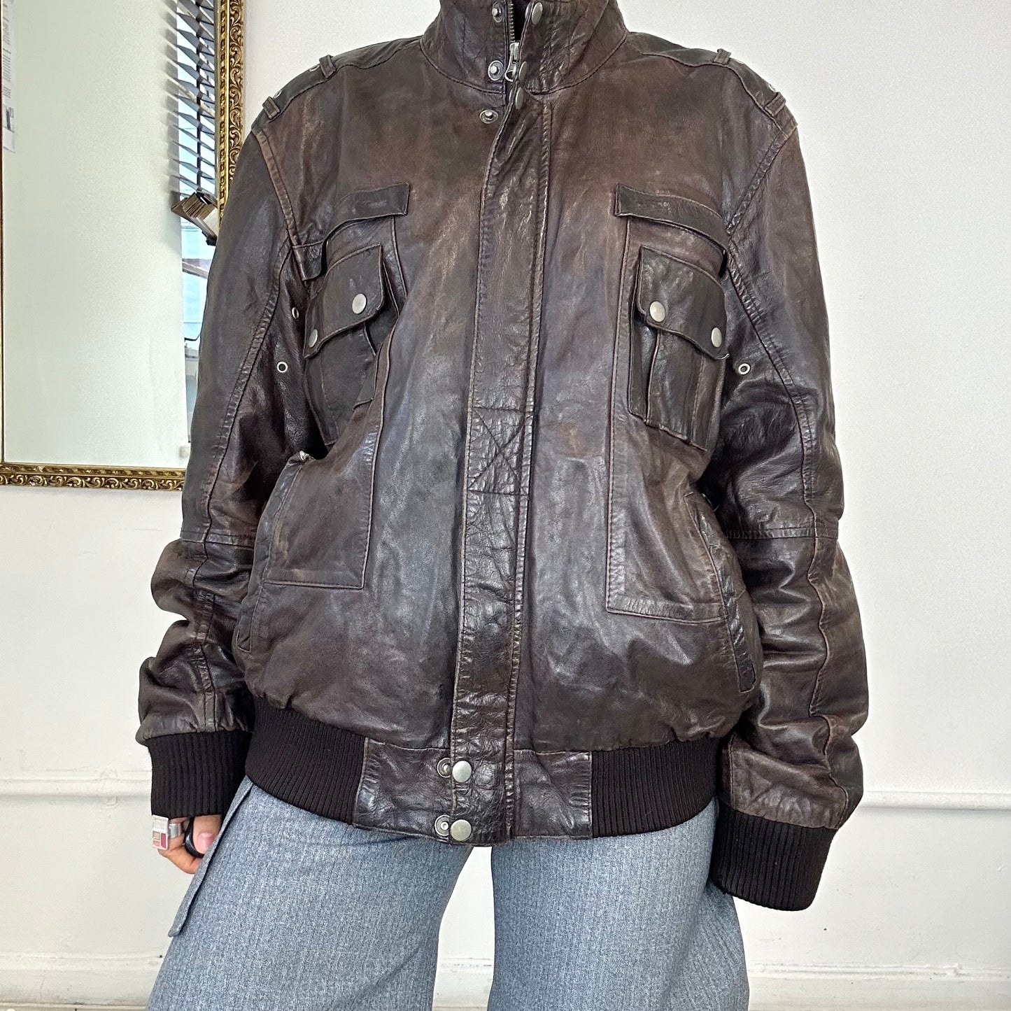 brown leather bomber jacket