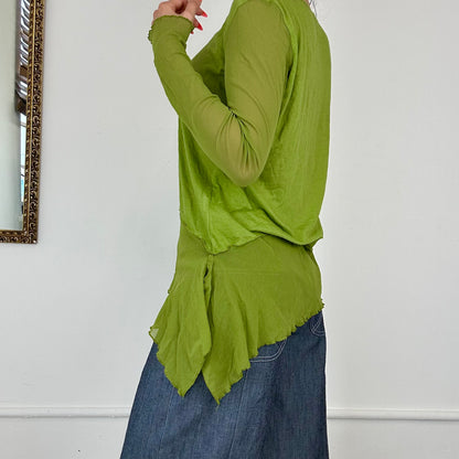 green long sleeve asymmetric mesh top