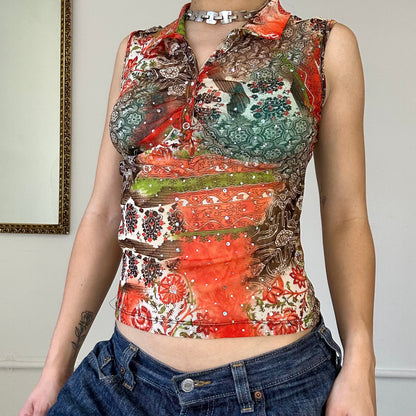 00's orange abstract print sleeveless top