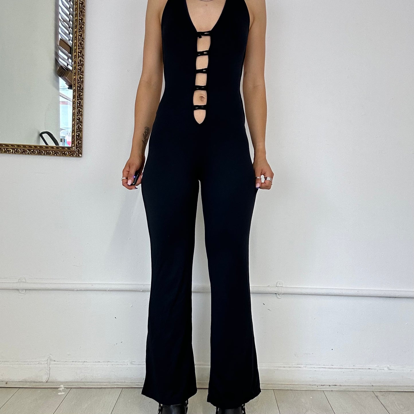 black halter neck cutout jumpsuit