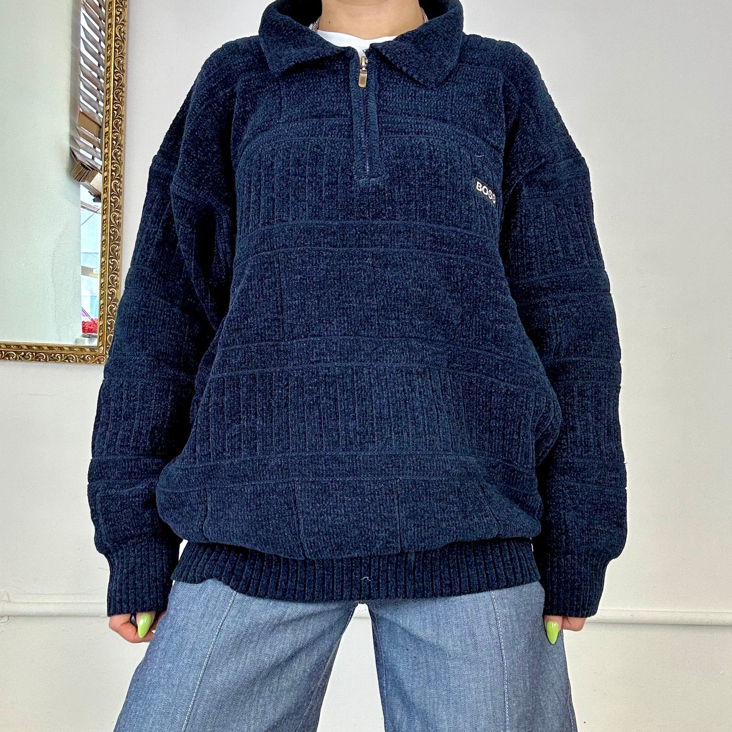 Boss navy knit quarter zip jumper