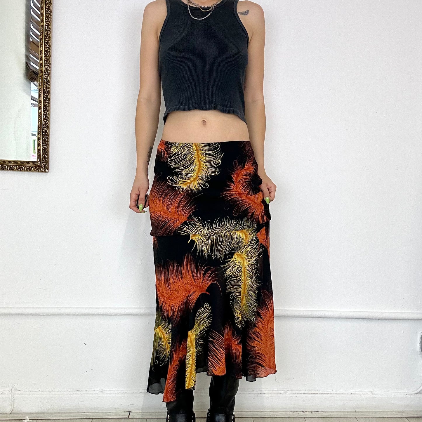 00’s vibrant feathers mesh maxi skirt