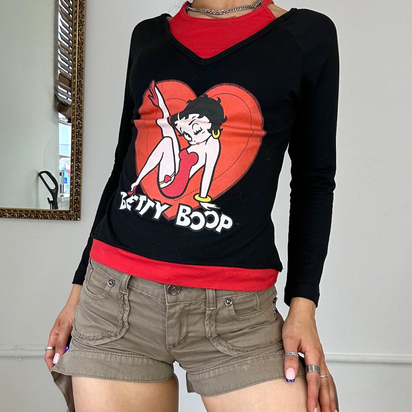 red betty boop long sleeve layered  top