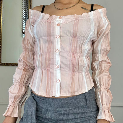 pink striped ruched off shoulder blouse