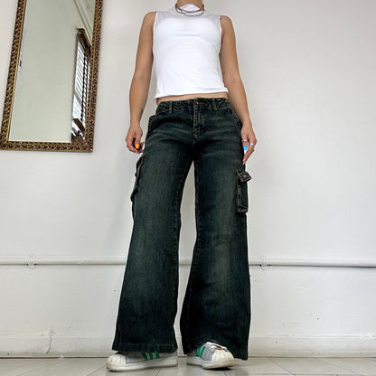 dark wash wide leg cargo jeans