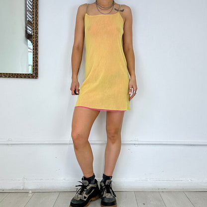 2000s yellow and pink layered mesh mini dress