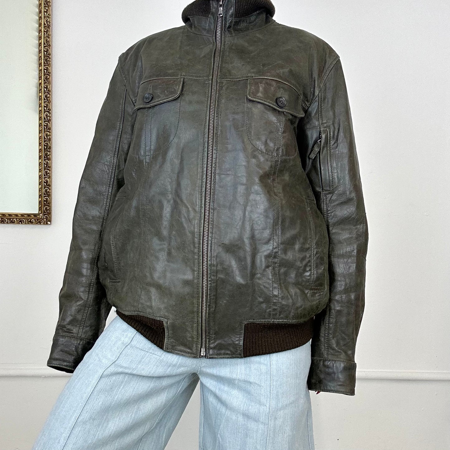 vintage dark olive leather jacket by tommy hilfiger