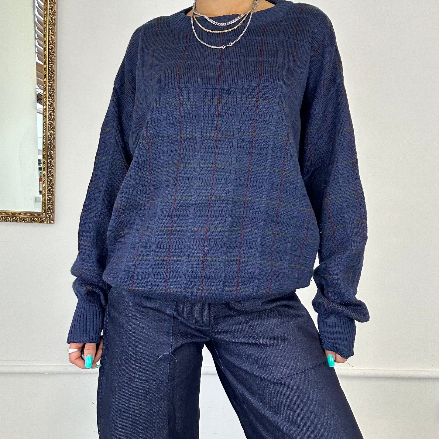 vintage navy checked knit jumper