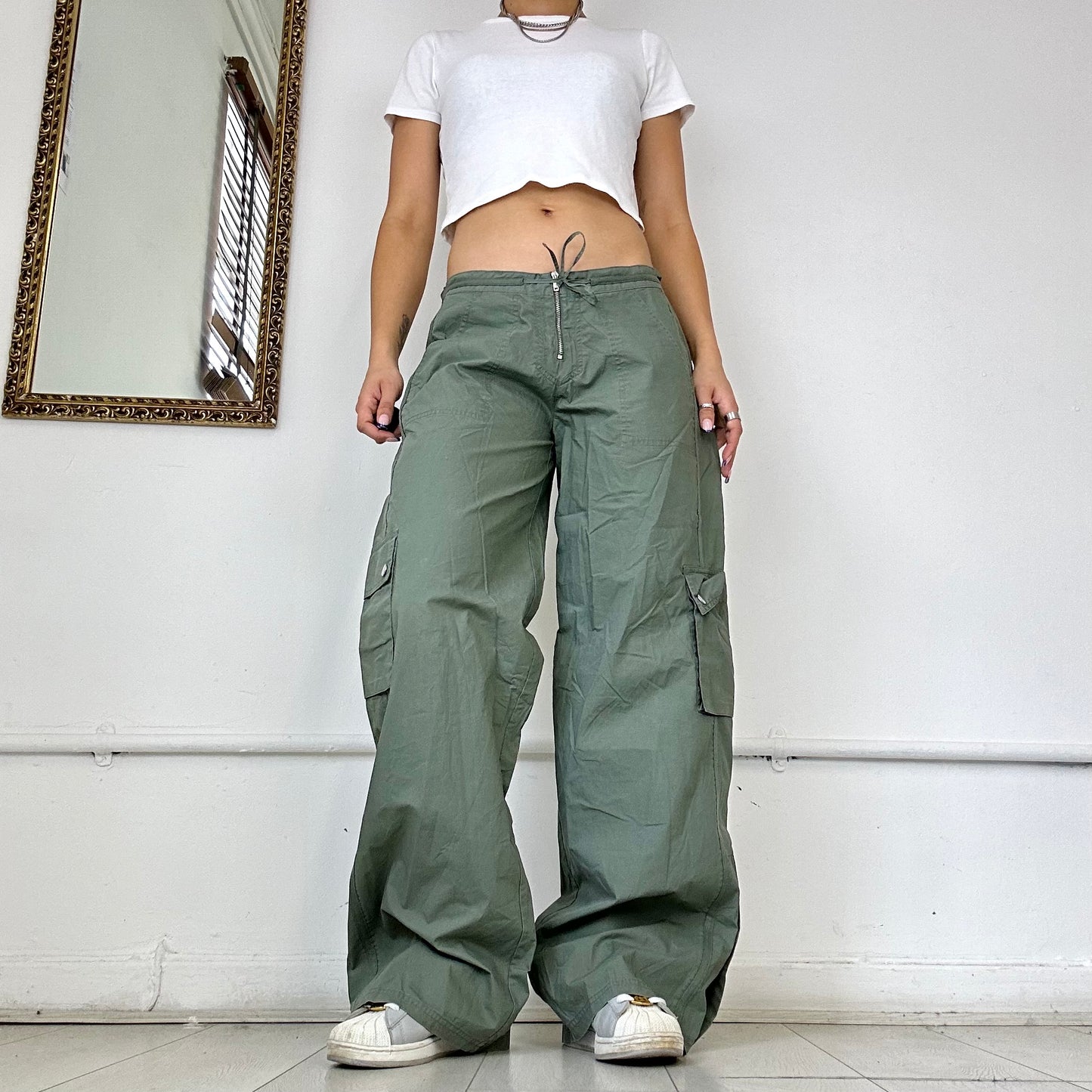 khaki wide leg cargo trousers