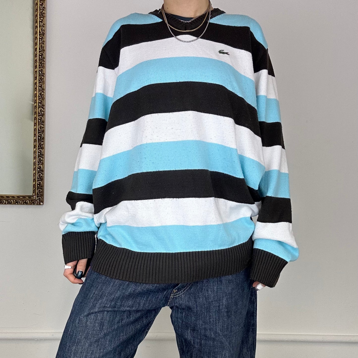 stripy lacoste v neck jumper