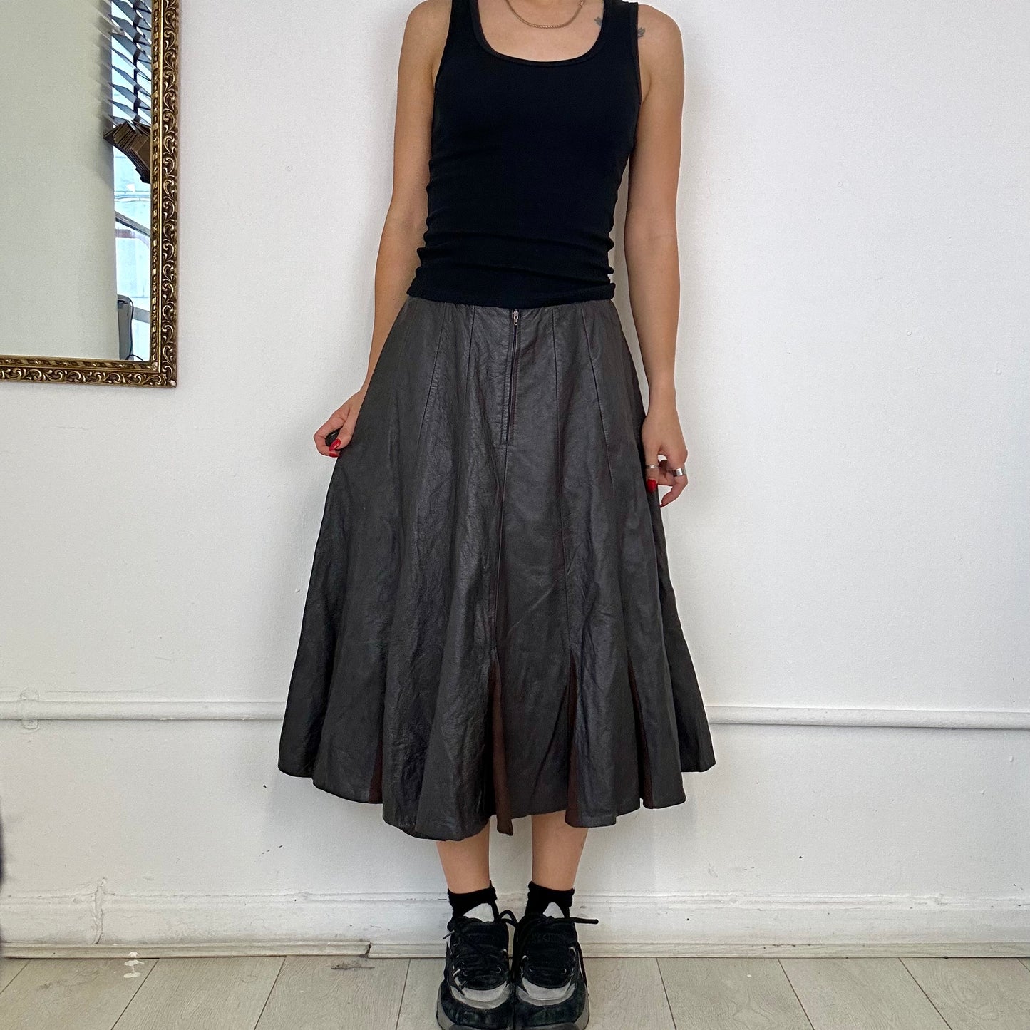 vintage brown pleated leather midi skirt