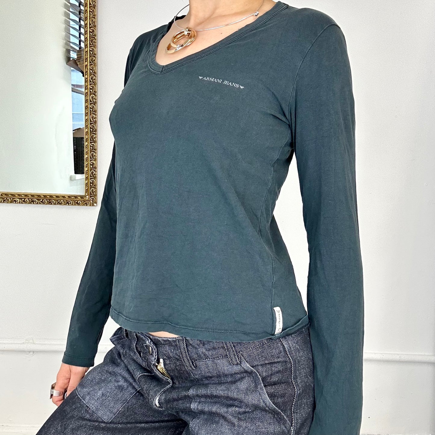 black armani jeans v neck long sleeve top