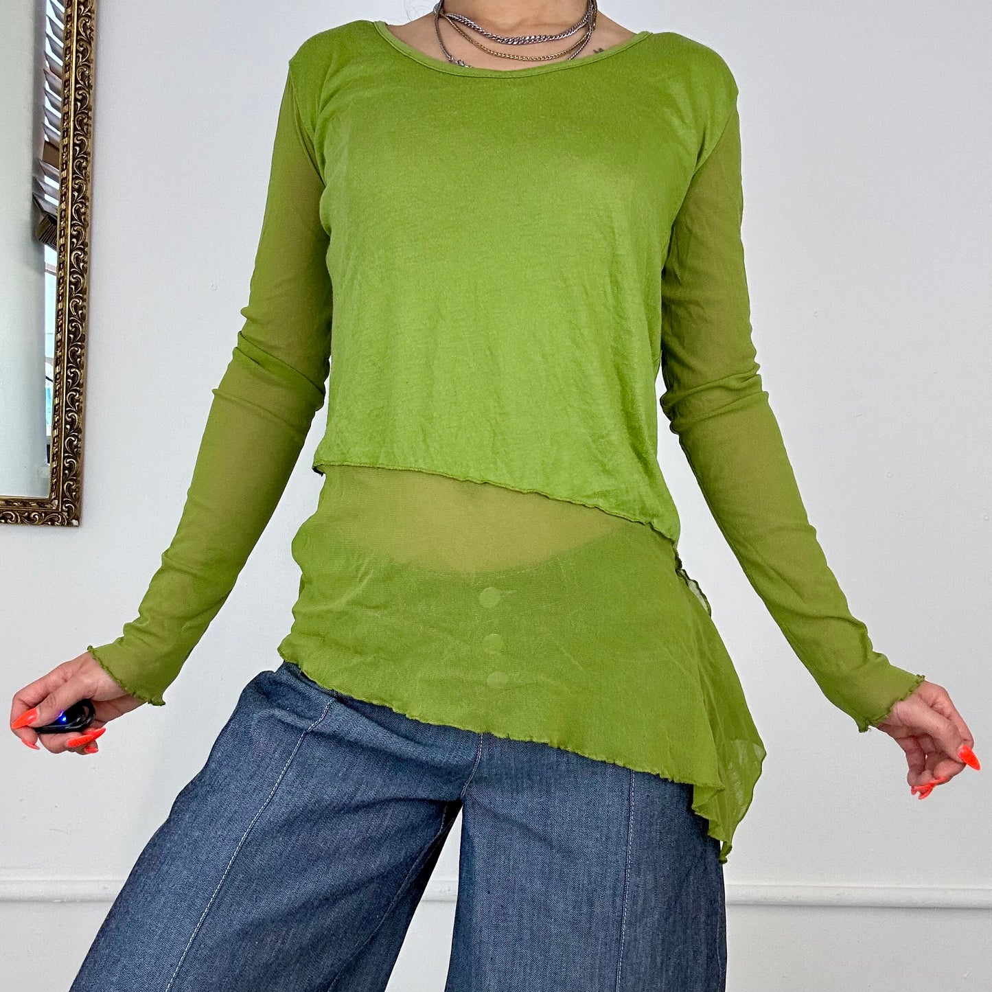 green long sleeve asymmetric mesh top