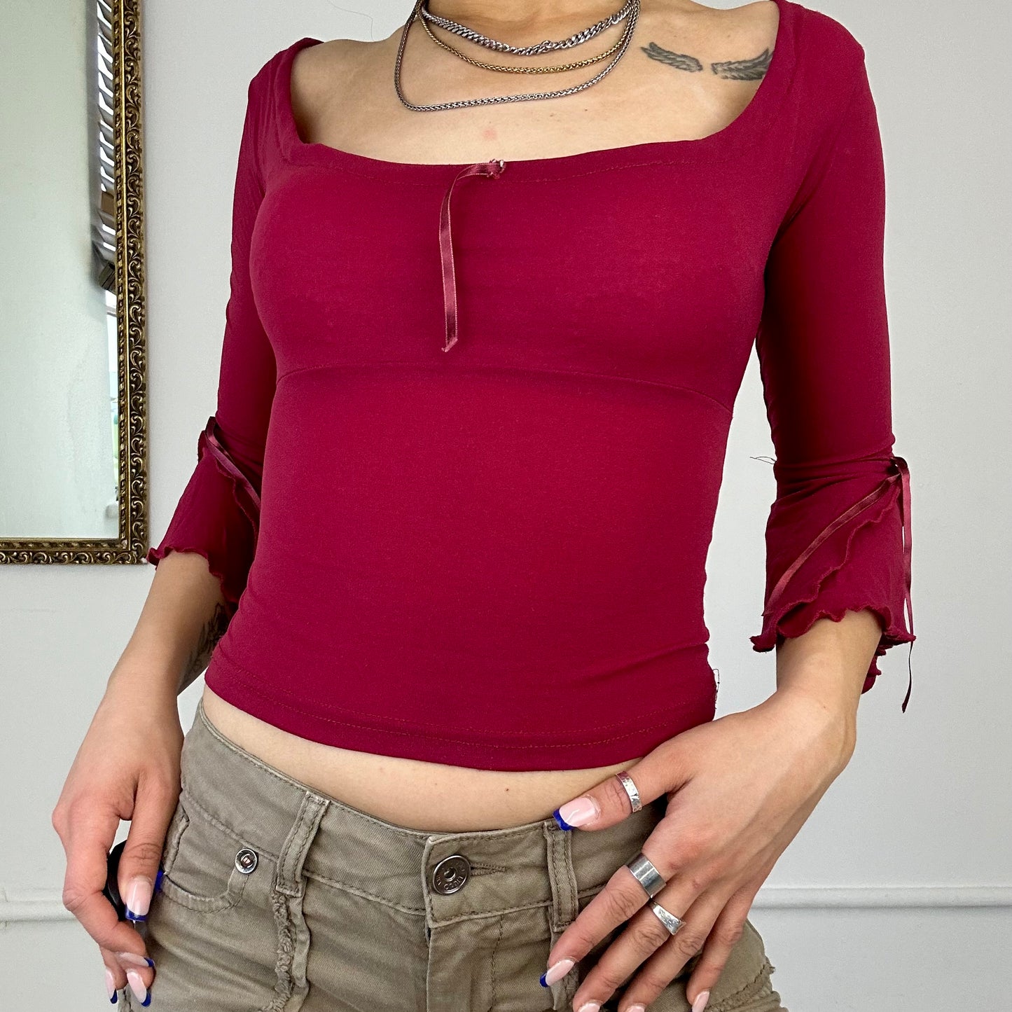 00's maroon flared long sleeve top