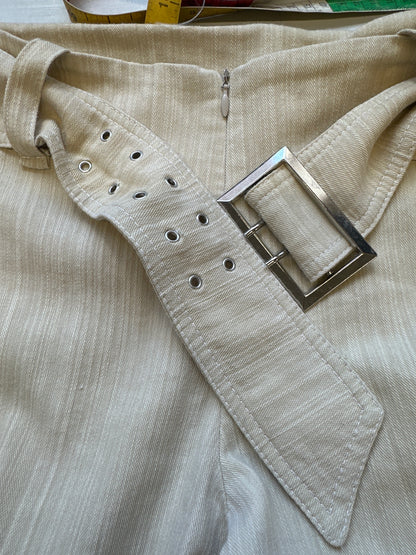 beige striped linen flared trousers